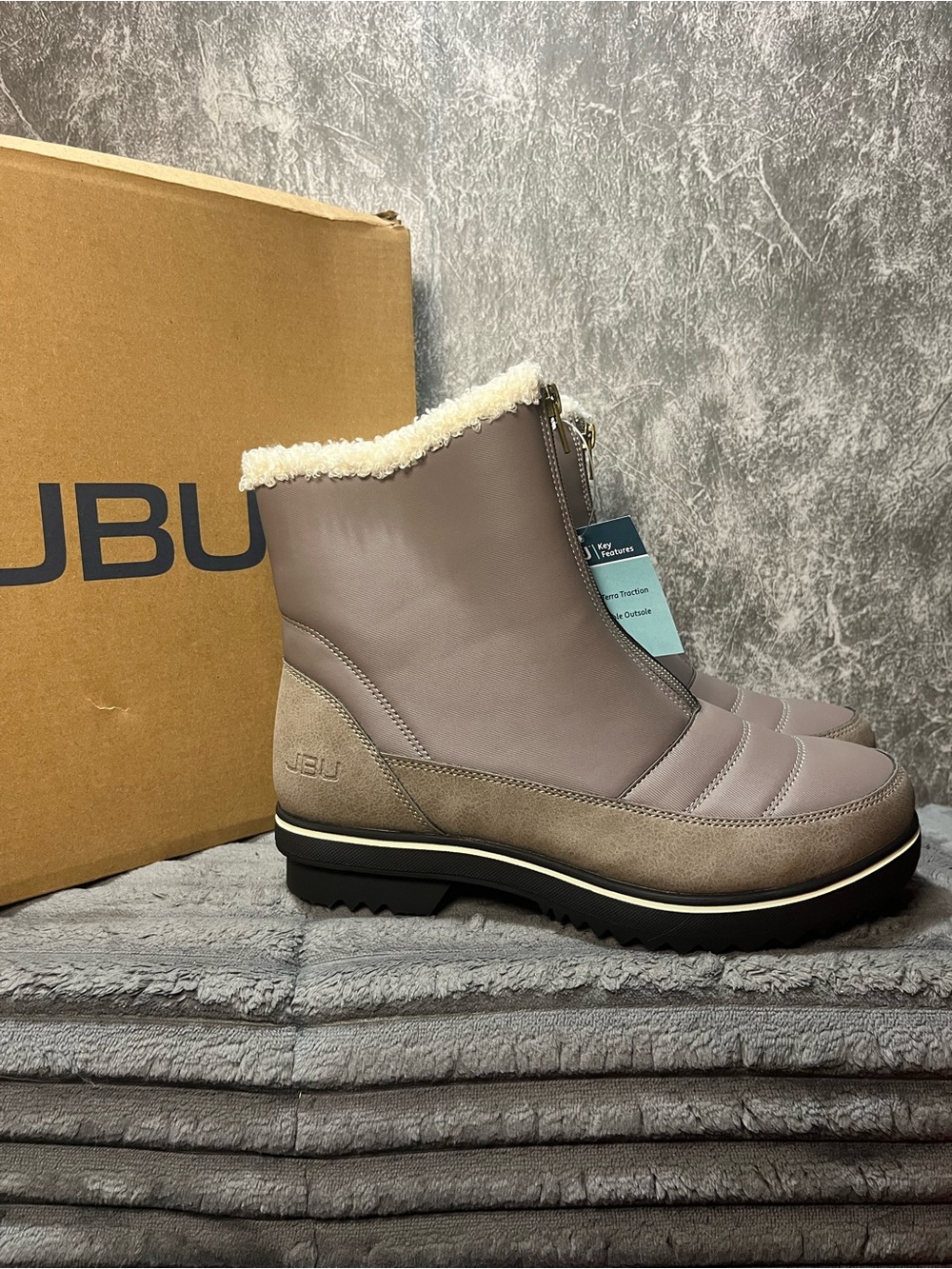 JBU Taupe Winter Ankle Boots with Cream Shearling Trim